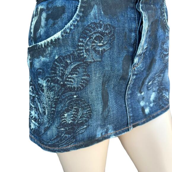 New Goldsign Floral Embroidered Distressed Splattered Denim Jean Mini Skirt 27 - Picture 3 of 13
